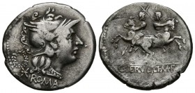 GENS SERVILIA. Denario. (Ar. 3,80g/21mm). 136 a.C. Roma. (Crawford 239/1; FFC 1116). MBC. Escasa.
