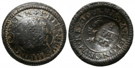 FELIPE III (1598-1621). 2 Maravedís. (Ae. 2,96g/21mm). ¿1603?. Burgos. (Cal-2019-360). Resello IIII Maravedís. MBC.