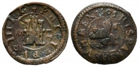 FELIPE III ( 1598-1621). 2 Maravedís (Ae. 1,45g/16mm). 1605. Segovia. (Cal-2019-187). Acueducto horizontal. BC+. Escasa.