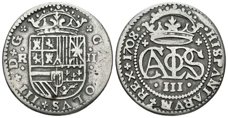 CARLOS III, el Pretendiente (1700-1714). 2 Reales. (Ar. 3,98g/25mm). 1708. Barce...