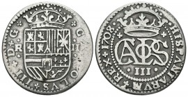 CARLOS III, el Pretendiente (1700-1714). 2 Reales. (Ar. 3,98g/25mm). 1708. Barcelona. (Cal-2019-29). MBC-.