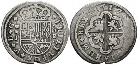 FELIPE V (1700-1746). 2 Reales (Ar. 4,69g/28mm). 1717. Madrid J. (Cal-2019-770). MBC-/BC+. Falta de metal.