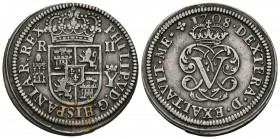 FELIPE V (1700-1746). 2 Reales. (Ar. 5,72g/28mm). 1708. Segovia Y. (Cal-2019-940). MBC.