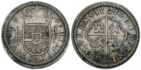 FELIPE V (1700-1746). 2 Reales. (Ar. 5,96g/29mm). 1721. Segovia F. (Cal-2019-954). EBC-.