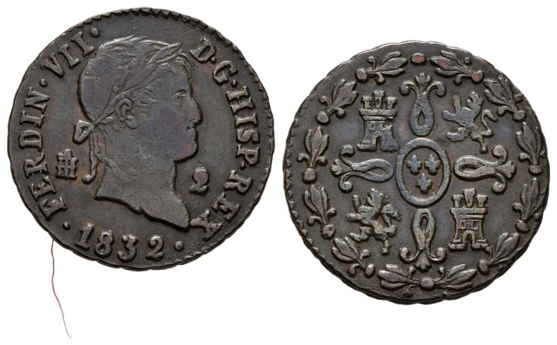 FERNANDO VII (1833-1868). 2 Maravedís (Ae. 2.47g/18.2mm). 1832. Segovia. (Cal-20...