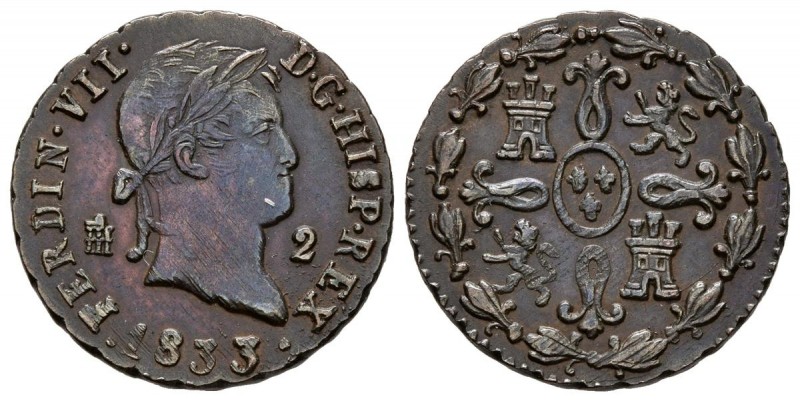 FERNANDO VII (1833-1868). 2 Maravedís. (Ae. 2,41g/18mm). 1833. Segovia. (Cal-201...