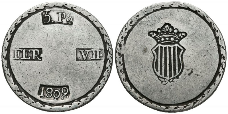 FERNANDO VII (1808-1833). 5 Pesetas. (Ar. 26,38g/40mm). 1809. Tarragona. (Cal-20...