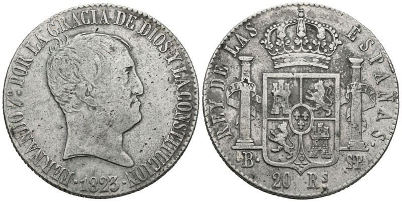 FERNANDO VII (1808-1833). 20 Reales. (Ar. 26,53g/37mm). 1823. Barcelona PS. (Cal...