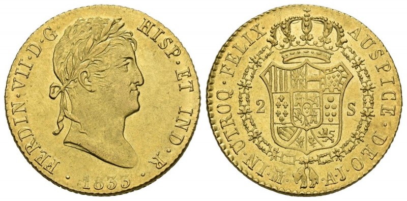 FERNANDO VII (1808-1833). 2 Escudos. (Au. 6,78g/22mm). 1833. Madrid AJ. (Cal-201...