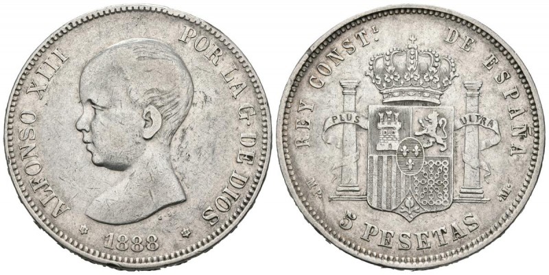 ALFONSO XIII (1885-1931). 5 Pesetas (Ar. 24,74g/37mm). 1888 *18-88. Madrid MPM. ...