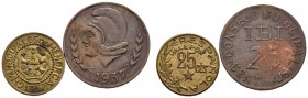 Conjunto de 2 monedas de 25 céntimos de la II República Española acuñadas en Ibi (Alicante) y Menorca. Diferentes estados de conservación. A EXAMINAR....