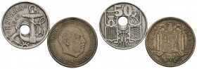 ESTADO ESPAÑOL. Conjunto formado por 2 monedas del Estado Español, una de 50 Céntimos de 1949 *19-56 con una perforación central desplazada y otra pie...