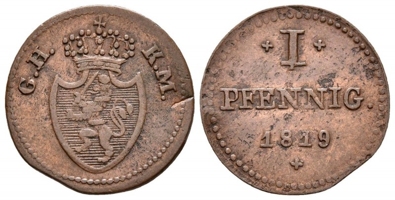 ALEMANIA. 1 Pfennig. (Ae. 1.54g/18.8mm). 1819. Hessen-Darmstadt. Ludwig I. (Aks ...