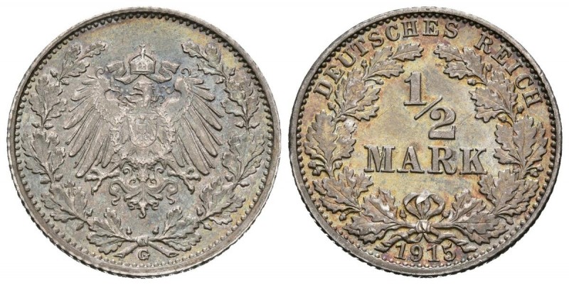 ALEMANIA. 1/2 Mark (Ar. 2.79g/19.9mm). 1915. (G. J-16). Preciosa pátina irisada....