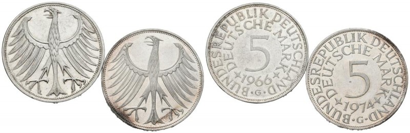 ALEMANIA. Conjunto de 2 monedas de plata de 5 Mark de los años 1966 y 1974 G. Di...