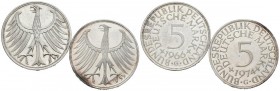ALEMANIA. Conjunto de 2 monedas de plata de 5 Mark de los años 1966 y 1974 G. Diferentes estados de conservación. A EXAMINAR.