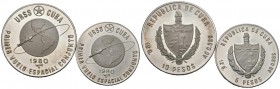 CUBA. Conjunto de 2 monedas de plata de 5 y 10 Pesos de 1980. Conmemoración del primer vuelo espacial conjunto Cuba & URSS. SC.