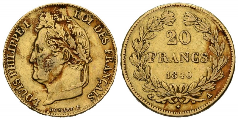 FRANCIA. 20 Francs. (Au. 6,41g/21mm). 1840. París A. (Km#750.1; Gadoury 1031). M...