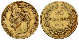 FRANCIA. 20 Francs. (Au. 6,41g/21mm). 1840. París A. (Km#750.1; Gadoury 1031). MBC-.