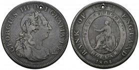 GRAN BRETAÑA. 5 Shillings. (Ar. 26,54g/ 41mm). 1804. Birmingham. (Km#Tn1). MBC-/BC+. Perforación a las 12h. 

Rara moneda acuñada sobre cospeles de ...