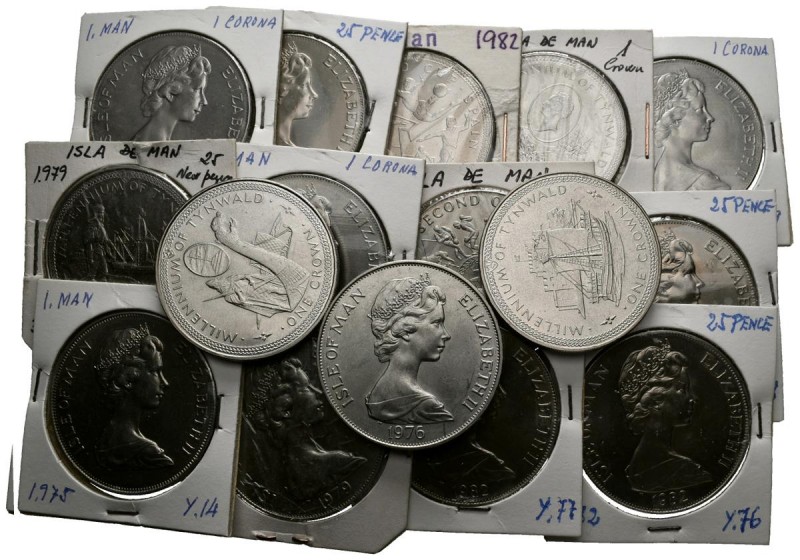 GRAN BRETAÑA. Lote de 16 monedas de la Isla de Man. Valores de 25 Pence y 1 Crow...