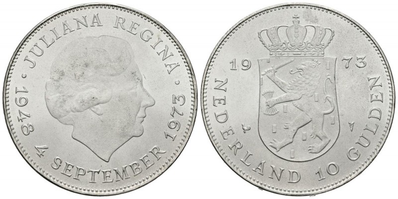 HOLANDA. 10 Gulden (Ar. 25,00g/38mm). 1973. 25 Aniversario del reinado de la rei...