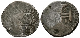 INDIA PORTUGUESA, Pedro II (1683-1706). Xerafim. (Ar. 10,36g/25mm). Fecha parcialmente visible. (Gomes 10.02). BC. Marcas de cambistas orientales.