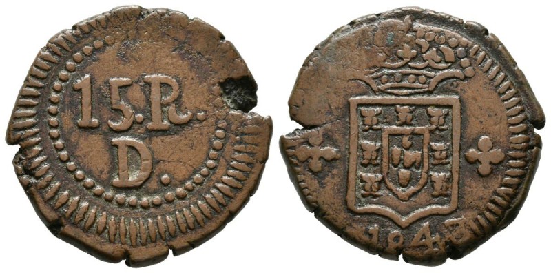 INDIA PORTUGUESA. 15 Reis. (Ae. 9,56g/25mm). 1843. (Gomes 12.01). MBC-.