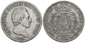 ITALIA. 5 Liras. (Ar. 24,53g/37mm). 1826. Cerdeña L. (Km#116.1). MBC-.