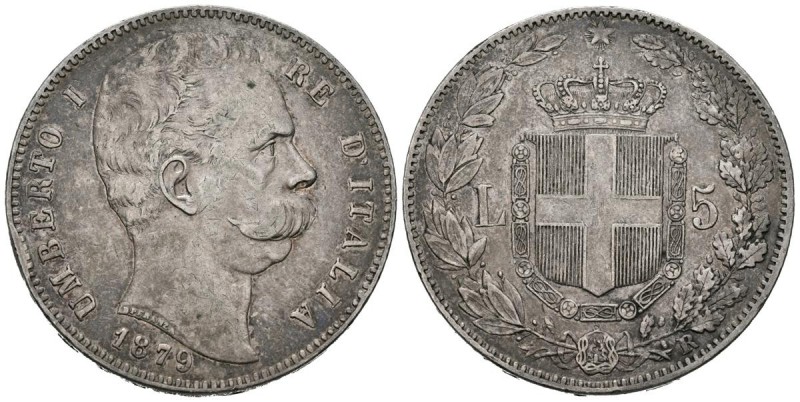 ITALIA. 5 Liras. (Ar. 24,91g/37mm). 1879. Roma R. (Km#20). MBC. Escasa.