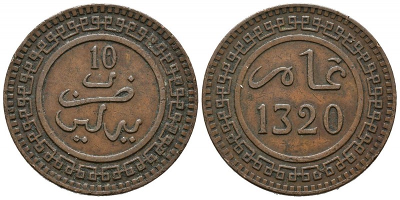 MARRUECOS. 10 Mazunas (Ae. 9.85g/30.00mm). Abd al-Aziz, 1311 - 1326 H (1894 -190...