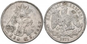 MEXICO. 1 Peso. (Ar. 27,00g/38mm). 1871. Guanajuato. (Km#408.4). MBC-.