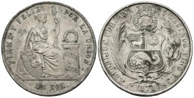 PERU. 1 Sol (Ar. 24,80g/37mm). 1871. IJ. (Km# 196). MBC+. Golpecitos en el canto.