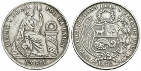 PERU. 1 Sol (Ar. 24,81g/37mm). 1872. (Km#196). MBC+. Rotura de cuño en anverso.