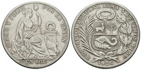 PERU. 1 Sol (Ar. 24,71g/37mm). 1926. YB. (Km#218). MBC.