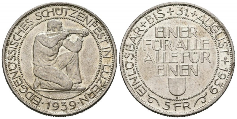 SUIZA. 5 Francos. (Ar. 19,31g/33mm). 1939. Berna. (Km#S20). EBC-.