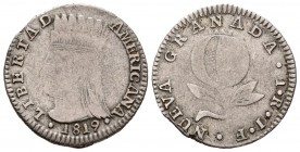 EPOCA DE INDEPENDENCIA. 1 Real (Ar. 3,23g/20mm). 1819. Nueva Granada JF. (Km#78). BC+/MBC-. Vanos de auñación.