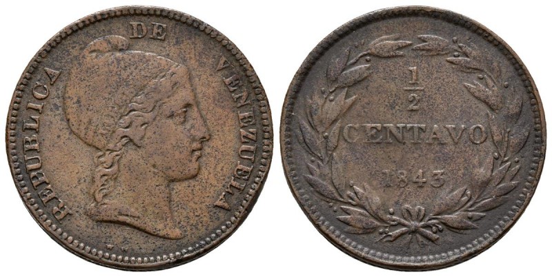 REPÚBLICA DE VENEZUELA. 1/2 Centavo. (Cu. 6,00g/23mm). 1843. Londres. (Km#Y2). M...