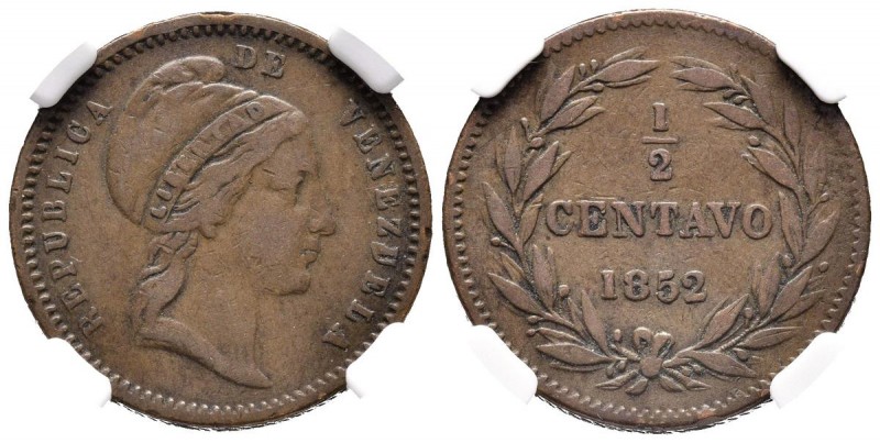 REPÚBLICA DE VENEZUELA. 1/2 Centavo. (Cu. 6,00g/23mm). 1852. (Km#Y5.2). 23 Bayas...