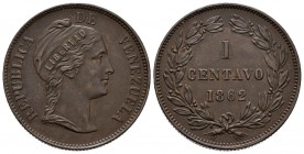 REPUBLICA DE VENEZUELA. 1 Centavo (Ae. 7,50g/26mm). 1862. Birmingham. (Km#Y7). Heaton debajo del busto. EBC.