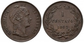 REPUBLICA DE VENEZUELA. 1 Centavo. (Ae. 7,51g/26mm). 1862. Birmingham. (Km#Y7). Heaton debajo del busto. EBC-.