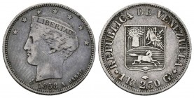 REPUBLICA DE VENEZUELA. 1 Real. (Ar. 2,30g/18mm). 1858. París A. (Km#Y9). MBC/MBC+. Preciosa pátina. Rara.