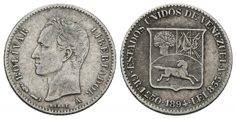 ESTADOS UNIDOS DE VENEZUELA. 1/4 Bolívar (Ar. 1,23g/14mm). 1894. París. (Km#Y20)...