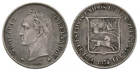 ESTADOS UNIDOS DE VENEZUELA. 5 Centavos. (Ar. 1,25g/15mm). 1874. París. (Km#Y12.2). MBC+.