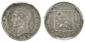 ESTADOS UNIDOS DE VENEZUELA. 1/4 Bolívar. (Ar. 1,25g/15,5mm). 1894. París A. (Km#Y20). Encapsulado PCGS AU-58.