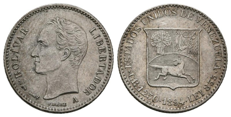 ESTADOS UNIDOS DE VENEZUELA. 1/4 Bolívar (Ar. 1,26g/14mm). 1894. París. (Km#Y20)...