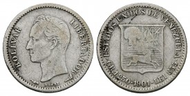 ESTADOS UNIDOS DE VENEZUELA. 1/4 de Bolívar (Ar. 1,25g/21mm). 1901. París. (KM#Y20). MBC-.
