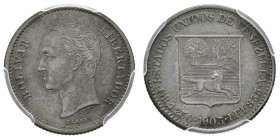 ESTADOS UNIDOS DE VENEZUELA. 1/4 Bolívar. (Ar. 1,25/15mm). 1903. (Km#Y20). Encapsulado PCGS AU-55.