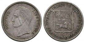 ESTADOS UNIDOS DE VENEZUELA. 1/4 de Bolívar (Ar. 1,25g/21mm). 1903. París. (KM#Y20). MBC+.