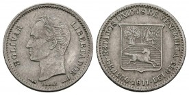 ESTADOS UNIDOS DE VENEZUELA. 1/4 de Bolívar (Ar. 1,25g/21mm). 1911. París. (KM#Y20). MBC+.